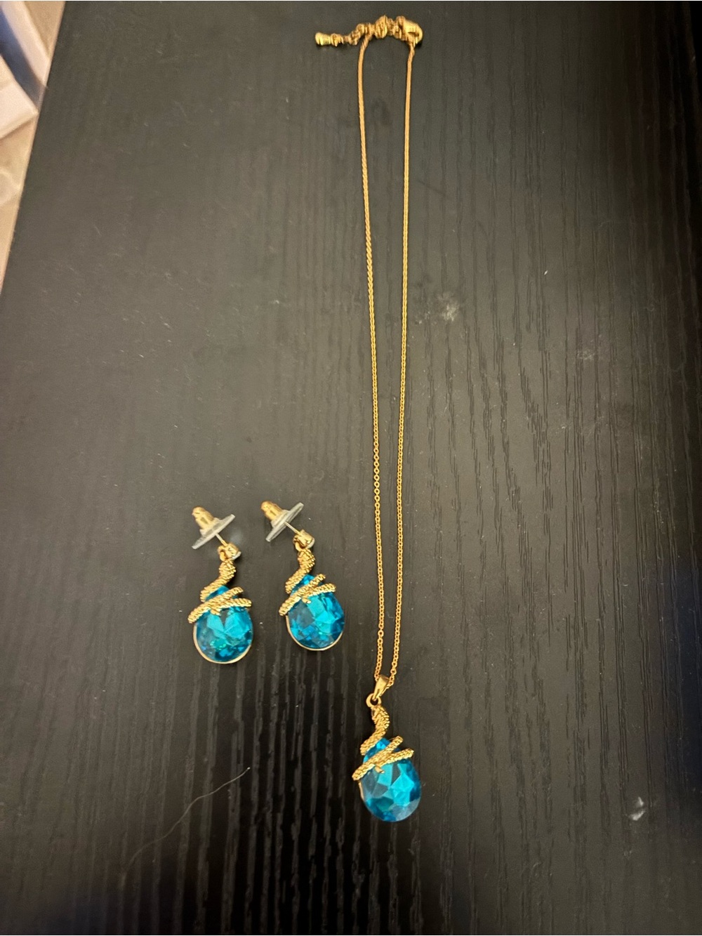 Gold Chain Necklace and Earrings Set with Blue Teardrop Stones